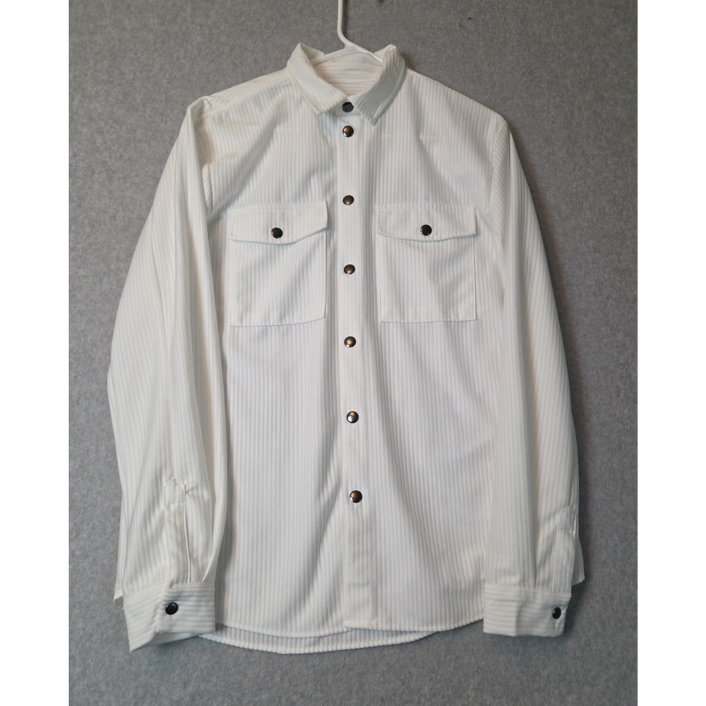 boohooMan White Textured Corduroy LS Snap Up Shirt Men's Medium Pockets